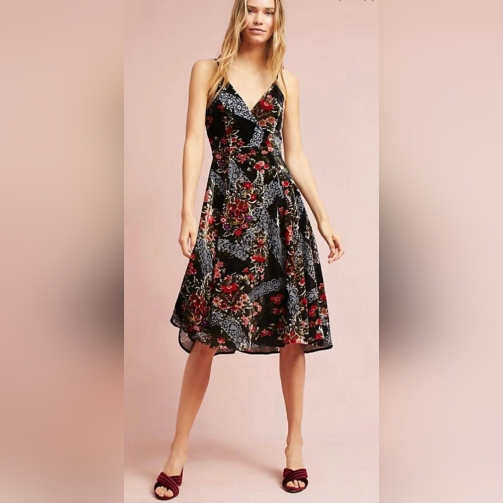Anthropologie Eri And Ali  16 Floral Burnout Velvet Midi Slip Dress Black Motif